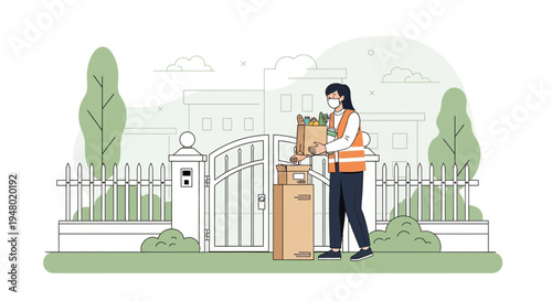 Delivery person in mask leaves packages at house gate, contactless delivery concept