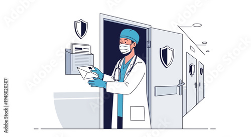 Doctor in protective gear delivering medical supplies in hospital hallway