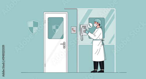 Doctor in protective gear making a call at a hospital entrance with security shield