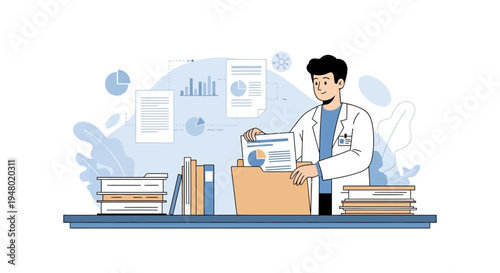 Doctor organizing medical files and charts in office, research and data analysis
