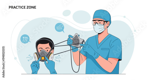 Doctor tests patient's respirator mask fit in practice zone for protection against airborne particles