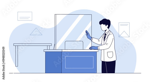 Doctor wearing gloves and mask behind a protective screen at a reception desk
