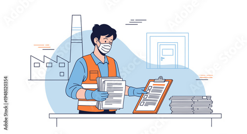 Factory worker in mask and gloves holding documents near checklist and stacks of paper