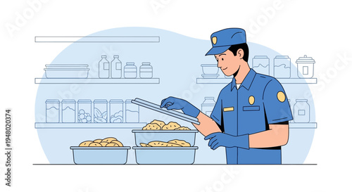 Food Inspector in Uniform Checking Quality of Ingredients in Kitchen Storage