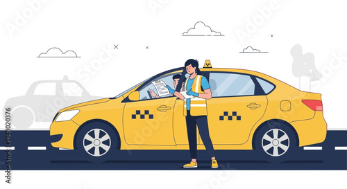 Female taxi driver checking documents next to a yellow cab on a city street