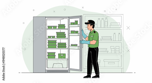 Food Safety Inspector Checking Refrigerator Contents in Commercial Kitchen