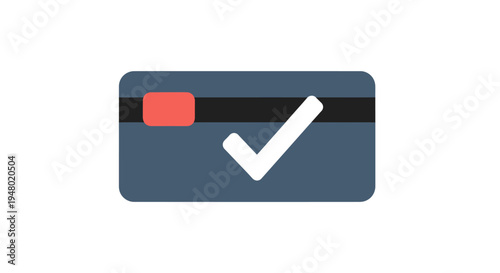 A blue credit card with a white checkmark indicating approval or successful transaction, featuring a red chip on the left side.