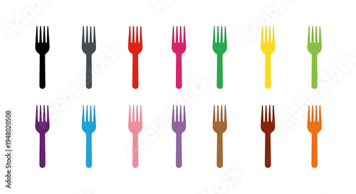 A collection of colorful forks arranged in two rows on a white background, showcasing various hues of kitchen utensils.