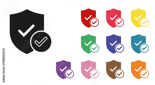 Black and multi-colored shield icons with checkmarks, symbolizing security, protection, and verification, isolated on a white background, representing digital safety and approval.