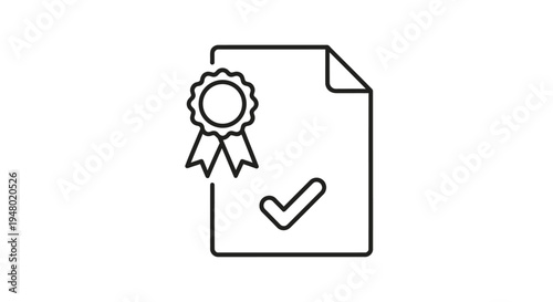 Line art icon of a certified document with a ribbon badge and a checkmark, representing approval, quality assurance, and official validation.