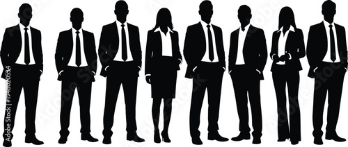 Vector silhouette of professional business people in formal suits standing in row isolated on white background for corporate teamwork concepts