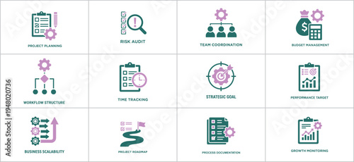 Business project management icons set for planning, Strategy, And organization