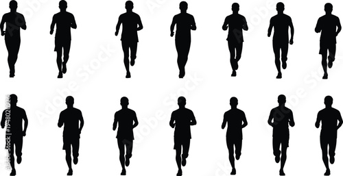 Black silhouettes of men running in various poses on white background