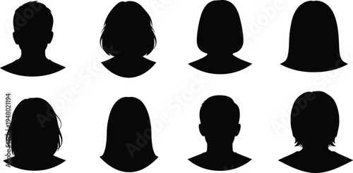 Black silhouettes of eight people with different hairstyles white background