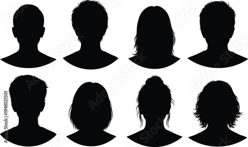 Black silhouettes of eight people with different hairstyles white background 1