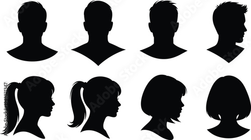 Black silhouettes of eight people with various hairstyles white background