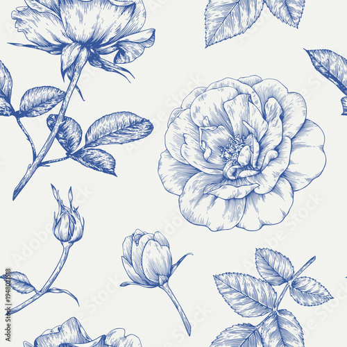 Toile art Floral Vintage vector seamless pattern flowers Roses buds leaf, blue beige. Hand drawn elements. Background for design wedding, packaging, textile, wrapping paper, wallpaper, Fashion apparel