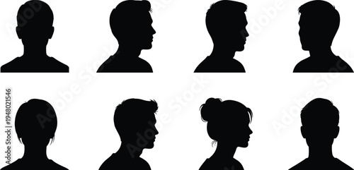 Black silhouettes of eight people heads face