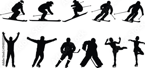 Winter sports silhouettes set, skiing jumping skating hockey athletes collection, ice sport action poses, black isolated vector illustration pack