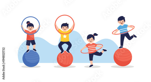 Group of active children perform gymnastic exercises with hula hoops and balance balls during a fun sports lesson.