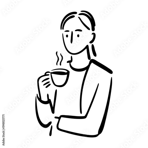 Dibujo sencillo con líneas de una mujer con ropa informal de pie sujetando una taza de café humeante con la mano