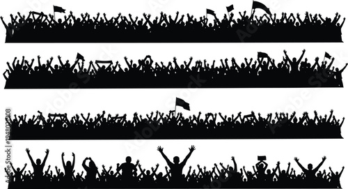 Black silhouettes of cheering crowds with flags and banners on white background