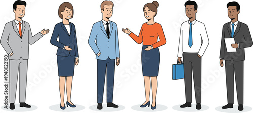 Diverse group of business professionals character set standing and talking together in formal office attire isolated vector.
