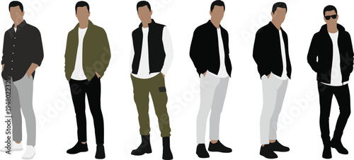 Diverse group of faceless men wearing urban casual street fashion including vests and jackets standing in confident poses isolated flat vector.
