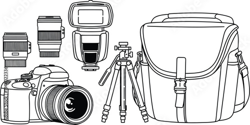 Line collection of camera accessories and gear essentials