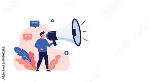 Determined man speaks through a giant megaphone to broadcast an important message or announcement to a wide audience.