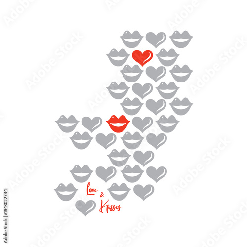 Romantic vector illustration featuring a pattern of grey lips and hearts with a pop of red elements. Includes elegant cursive Love & Kisses text. Perfect for Valentine's Day cards and apparel.
