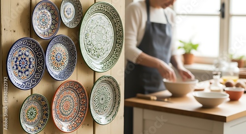 Colorful ceramic plates on a wall and a person preparing food in kitchen