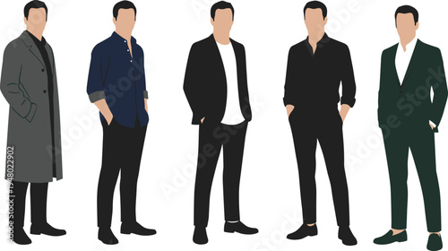 Set of faceless men wearing stylish casual luxury outfits including overcoats and blazers standing in confident poses isolated flat vector.