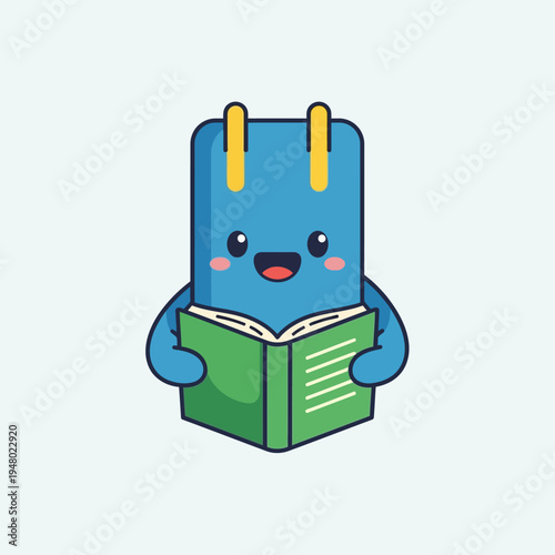 Cartoon Battery Character Reading a Book.