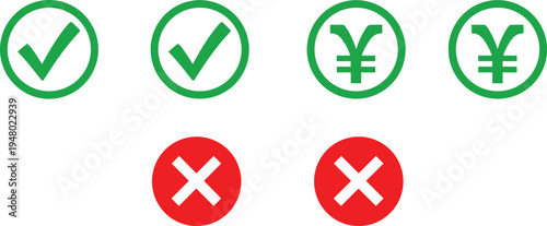 Checkmark cross currency yen icons set approval rejection payment finance symbol collection
