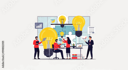 Vector flat design illustration of a team collaborating around a large lightbulb idea in a modern office setting with a creative and innovative mood.