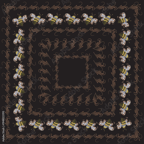 Vector floral seamless border patterns from hand painted bee insects and herbs on a black background. 5 pattern brushes in the brush palette