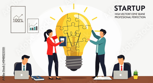 Vector flat design illustration of a team collaborating around a large lightbulb puzzle on a table with laptops and graphs on a white background.