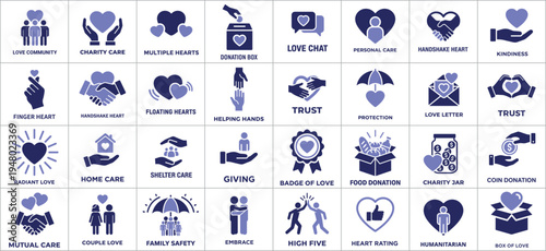 Collection of purple charity and love icons including hearts hands and donation symbols