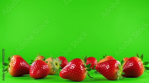 Fresh Red Strawberries Falling on Green Screen Background