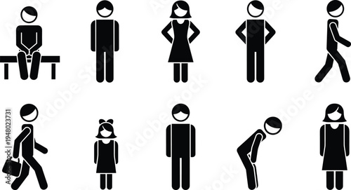 Black and white stick figures in various poses people human various poses sitting