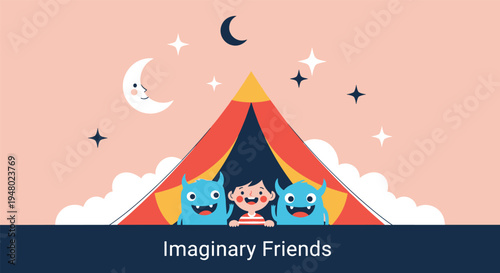 Small child shares a tent with two friendly blue monsters under a crescent moon and stars for bedtime stories.