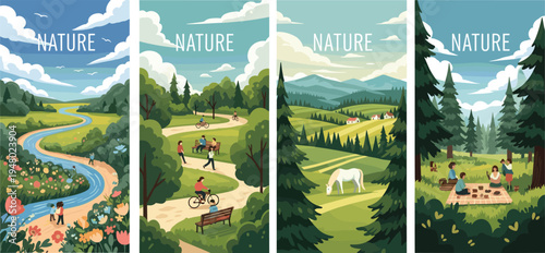 Cad drawing flat vector illustration of nature banners featuring river landscapes, park activities, cycling, picnicking, horseback riding, and forest scenery.