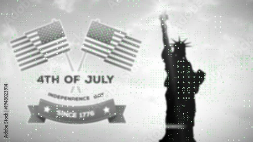 Animation of dots moving over 4th of july text, american flags and statue of liberty