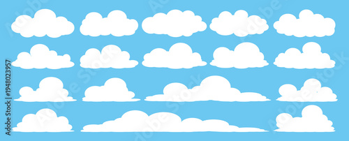 set of vector illustrations of clumpy clouds, cloud bubbles in flat style on a blue background