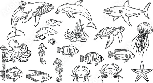 Marine life line collection of various aquatic creatures in blackline whale