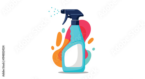 Blue spray bottle of detergent for cleaning household surfaces against a backdrop of colorful liquid splashes.