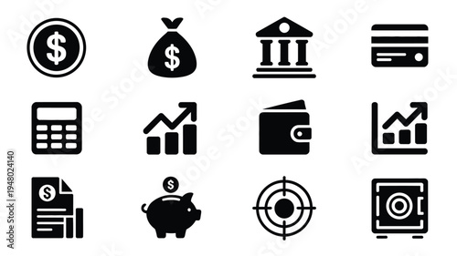 Collection of finance and business icons including money banking and investment symbols on white background