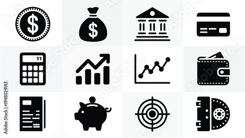 Black icons for finance business and banking concepts on white background