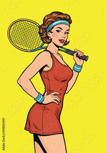 Confident female tennis player holding racket in professional sports portrait style, clean flat vector illustration isolated on light background, ideal for fitness branding and tournament promotion